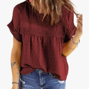 Wine Red Lace Crochet Chiffon Button Detail Blouse